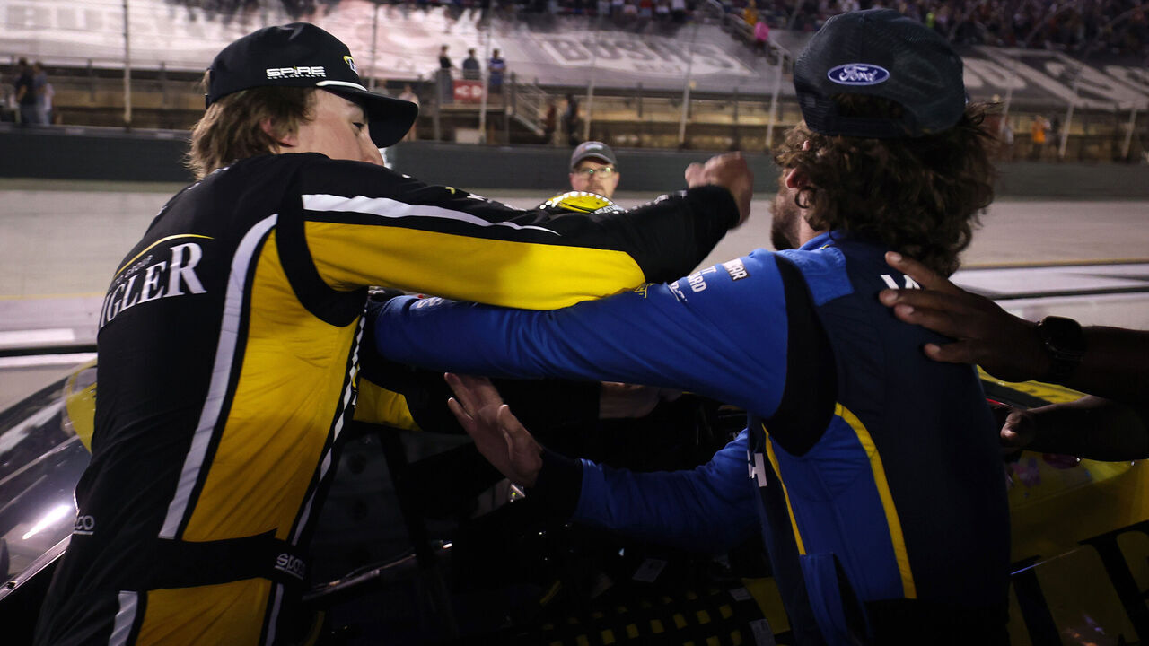 BRISTOL, TENNESSEE - SEPTEMBER 19: Carson Hocevar, driver of the #77 Zeigler Auto Group Chevrolet, (L) and Ryan Blaney, driver of the #12 WABASH Ford, get into an altercation after the NASCAR Cup Series Bass Pro Shops Night Race at Bristol Motor Speedway on September 19, 2026 in Bristol, Tennessee.
