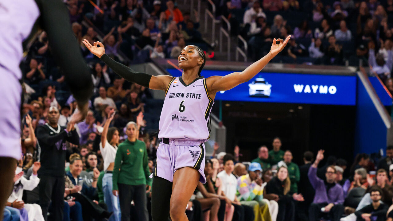 The Golden State Valkyries guard/forward Kaila Charles (6) raise her arms after scoring a 3-pointer during a face off against the Seattle Storm in their final home game of the season regular season at Chase Center in San Francisco on Saturday, September 19, 2026. The Valkyries are currently ranked second in the WNBA.