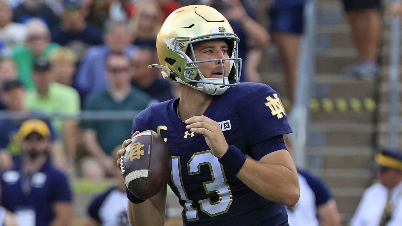 SOUTH BEND, INDIANA - SEPTEMBER 12: CJ Carr #13 of the Notre Dame Fighting Irish steps back to pass against the Rice Owls at Notre Dame Stadium on September 12, 2026 in South Bend, Indiana.
