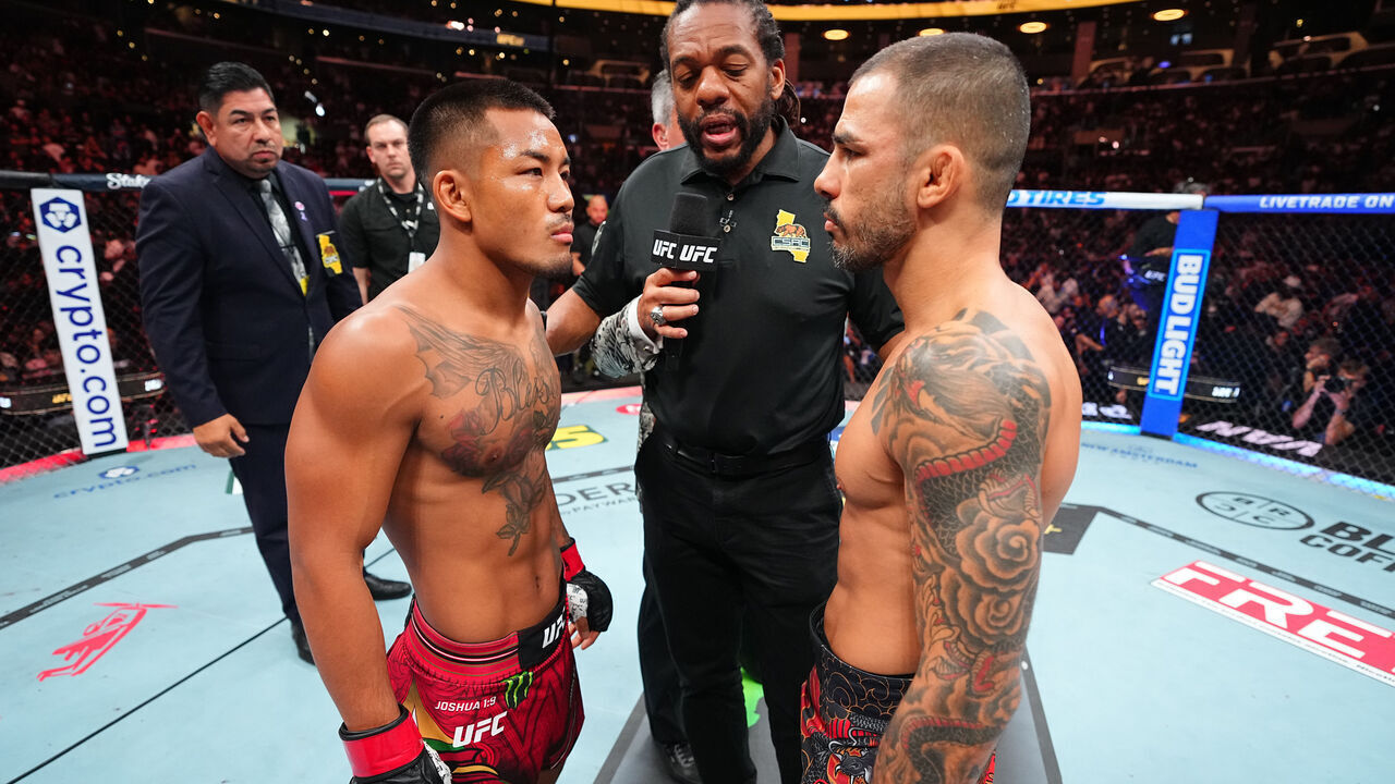 LOS ANGELES, CALIFORNIA - SEPTEMBER 19: (L-R) Opponents Joshua Van of Myanmar and Alexandre Pantoja of Brazil face off prior to the UFC flyweight championship fight during the UFC 331 event at Crypto.com Arena on September 19, 2026 in Los Angeles, California.