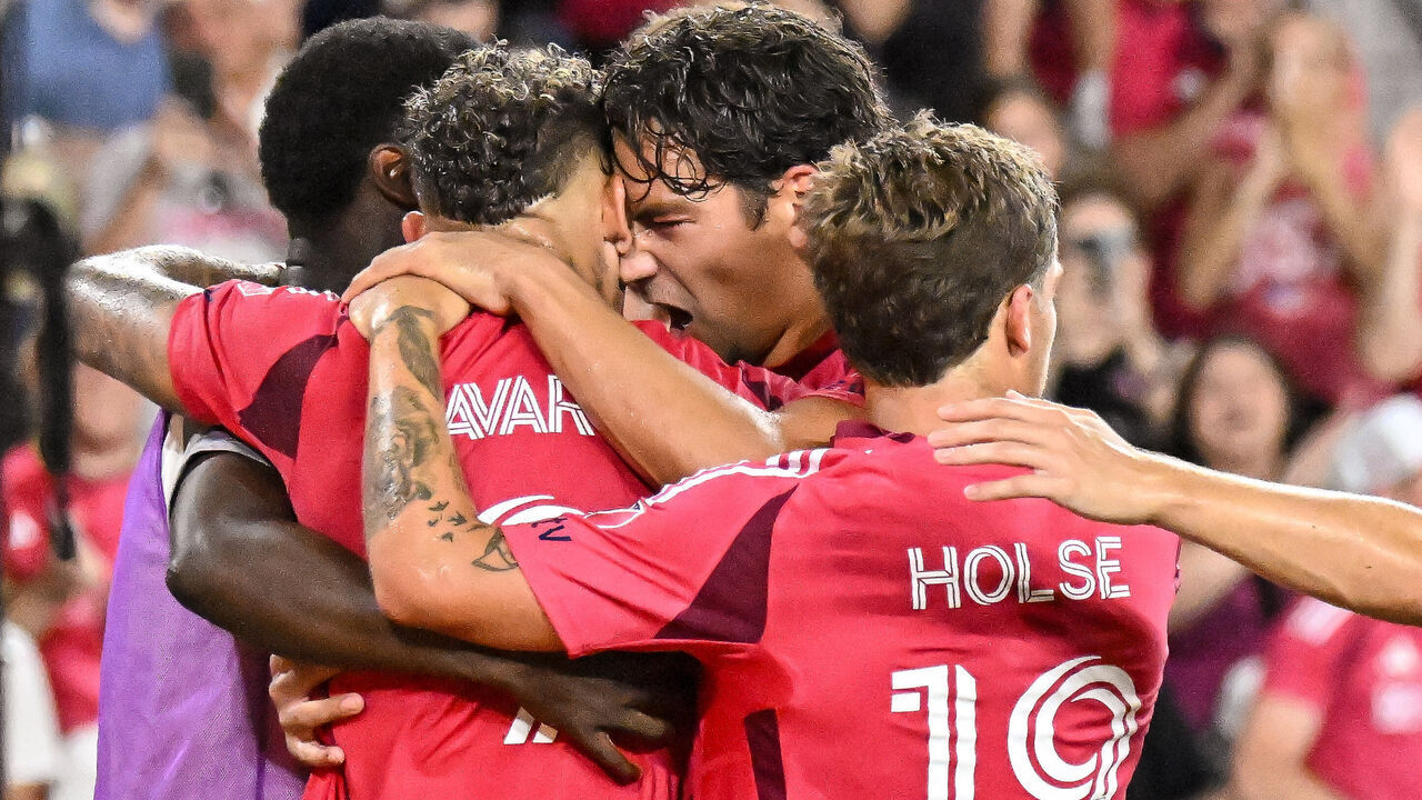 ST. LOUIS, MO - SEPTEMBER 12: Simon Becher (11) of the St. Louis CITY SC and Carlo Holse (19) of the St. Louis CITY SC celebrate the penalty shot goal by Rafael Navarro (9) of the St. Louis CITY SC during the MLS regular season match where St. Louis CITY SC hosted Minnesota United FC on Saturday September 12th, 2026, at Energizer Park in St. Louis City, MO.