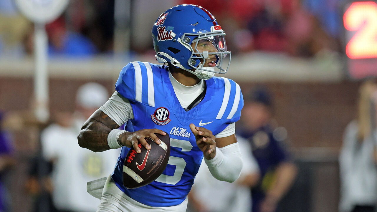 OXFORD, MISSISSIPPI - SEPTEMBER 19: Trinidad Chambliss #6 of the Mississippi Rebels looks to pass during the first half against the Louisiana State Tigers at Vaught-Hemingway Stadium on September 19, 2026 in Oxford, Mississippi.