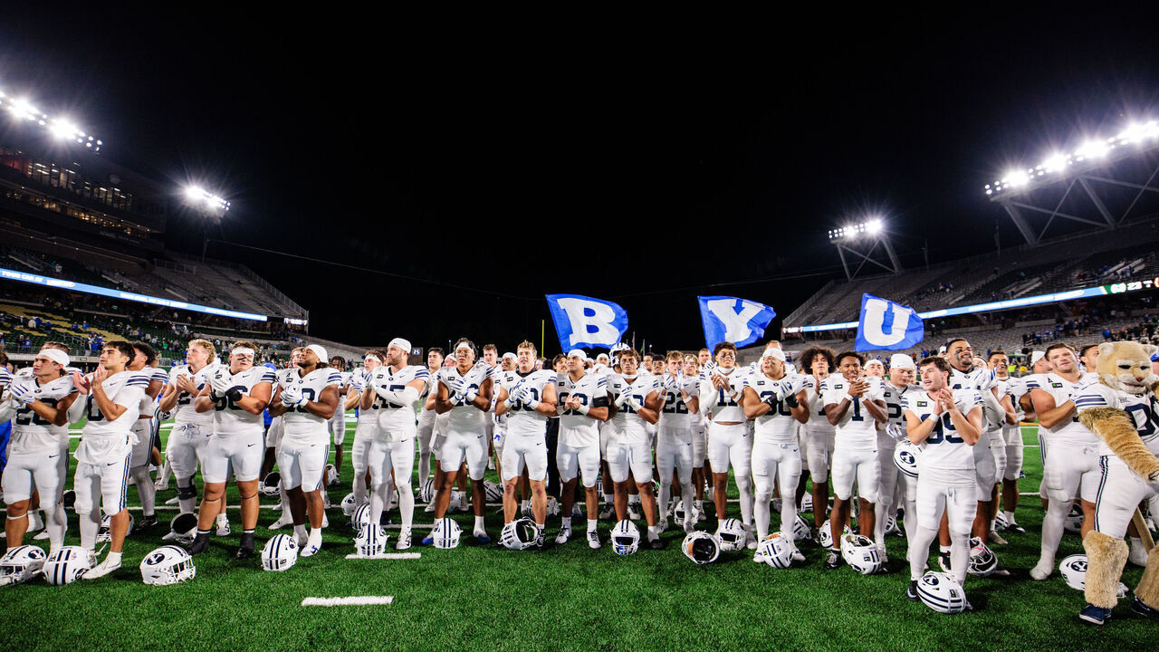 FORT COLLINS, COLORADO - SEPTEMBER 19: BYU Cougars players celebrate after winning the game against the Colorado State Rams at Canvas Stadium on September 19, 2026 in Fort Collins, Colorado.