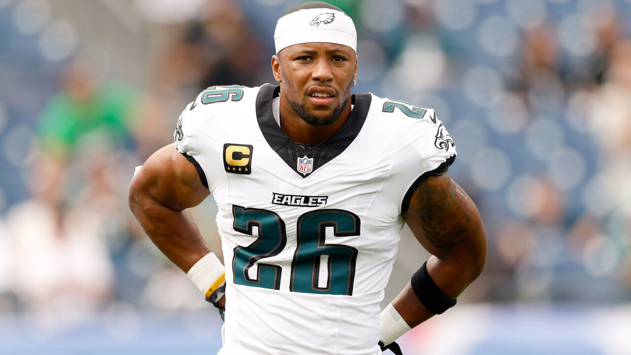 NASHVILLE, TENNESSEE - SEPTEMBER 20: Saquon Barkley #26 of the Philadelphia Eagles looks on during warm ups prior to the game against the Tennessee Titans at Nissan Stadium on September 20, 2026 in Nashville, Tennessee.