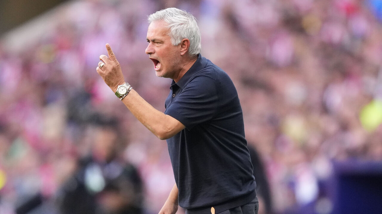 Jose Mourinho head coach of Real Madrid reacts during the LaLiga EA Sports 2026/27 match between Atletico de Madrid and Real Madrid at Riyadh Air Metropolitano on September 20, 2026 in Madrid, Spain.