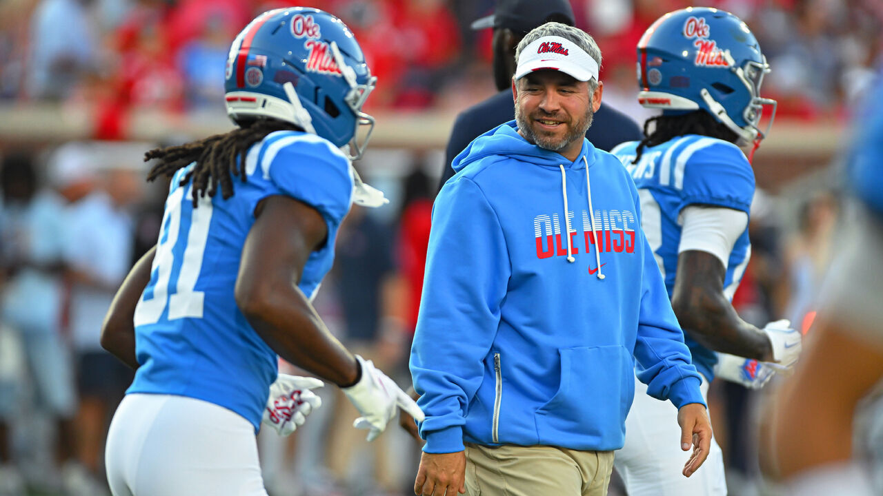 OXFORD, MS - SEPTEMBER 19: Mississippi Rebels coach Pete Golding during pregame of a college football game between the LSU Tigers and Mississippi Rebels on Saturday, September 19, 2026 at Vaught-Hemingway Stadium in Oxford, MS.