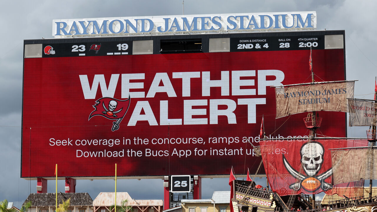 TAMPA, FLORIDA - SEPTEMBER 20: A weather alert is displayed in the Cleveland Browns game against the Tampa Bay Buccaneers during the second half at Raymond James Stadium on September 20, 2026 in Tampa, Florida.