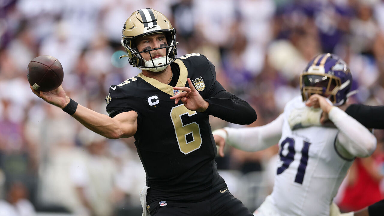 BALTIMORE, MARYLAND - SEPTEMBER 20: Tyler Shough #6 of the New Orleans Saints passes the ball against the Minnesota Vikings during the third quarter of the game at M&T Bank Stadium on September 20, 2026 in Baltimore, Maryland.
