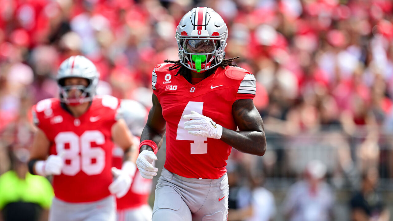 COLUMBUS, OHIO - SEPTEMBER 05: Jeremiah Smith #4 of the Ohio State Buckeyes looks on during the first quarter against the Ball State Cardinals at Ohio Stadium on September 05, 2026 in Columbus, Ohio.