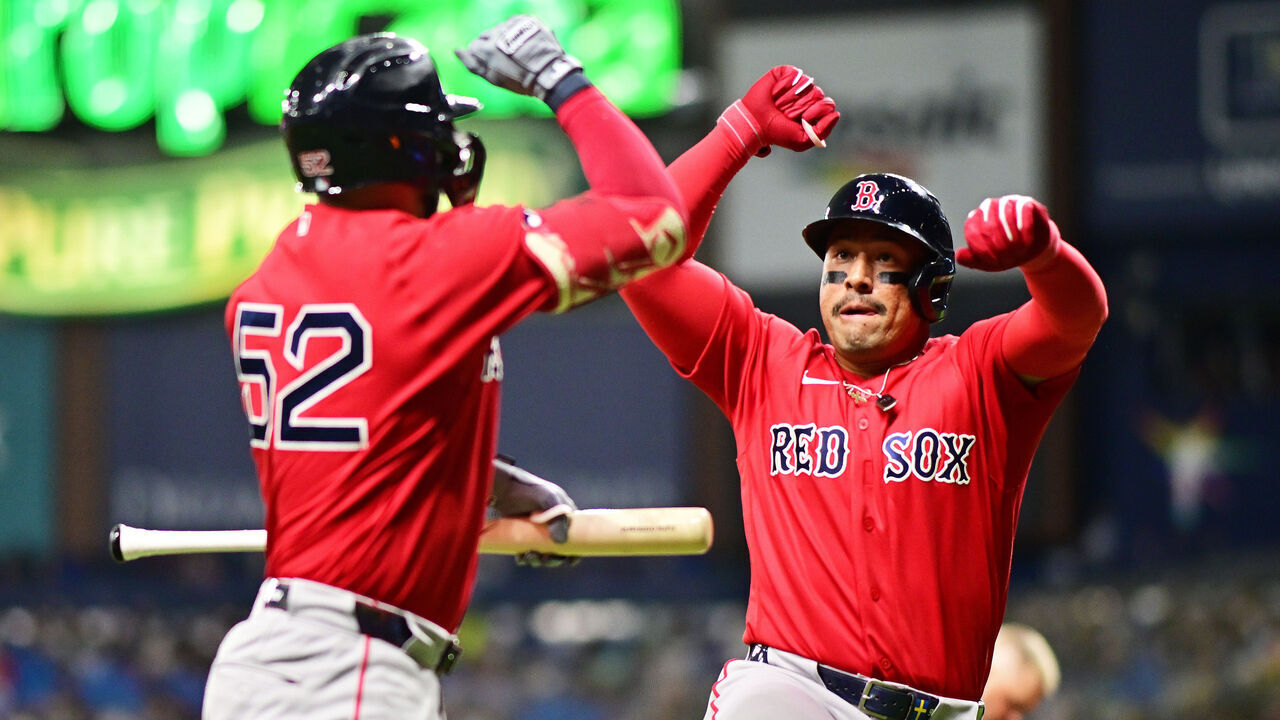 ST PETERSBURG, FLORIDA - SEPTEMBER 18: Jahmai Jones #37 celebrates with Wilyer Abreu #52 of the Boston Red Sox after hitting a home run in the third inning against the Tampa Bay Rays at Tropicana Field on September 18, 2026 in St Petersburg, Florida.