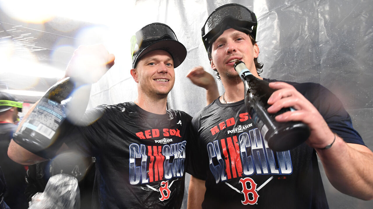 ST PETERSBURG, FLORIDA - SEPTEMBER 20: Sonny Gray #54 of the Boston Red Sox and Adley Rutschman #31 of the Boston Red Sox celebrate clinching an AL wild card spot following a loss to the Tampa Bay Rays at Tropicana Field on September 20, 2026 in St Petersburg, Florida.