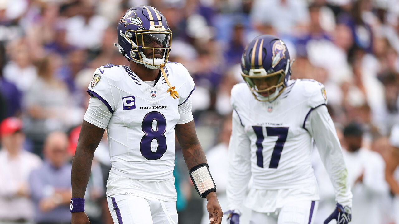 BALTIMORE, MARYLAND - SEPTEMBER 20: Lamar Jackson #8 of the Baltimore Ravens reacts against the New Orleans Saints during the first quarter of the game at M&T Bank Stadium on September 20, 2026 in Baltimore, Maryland.