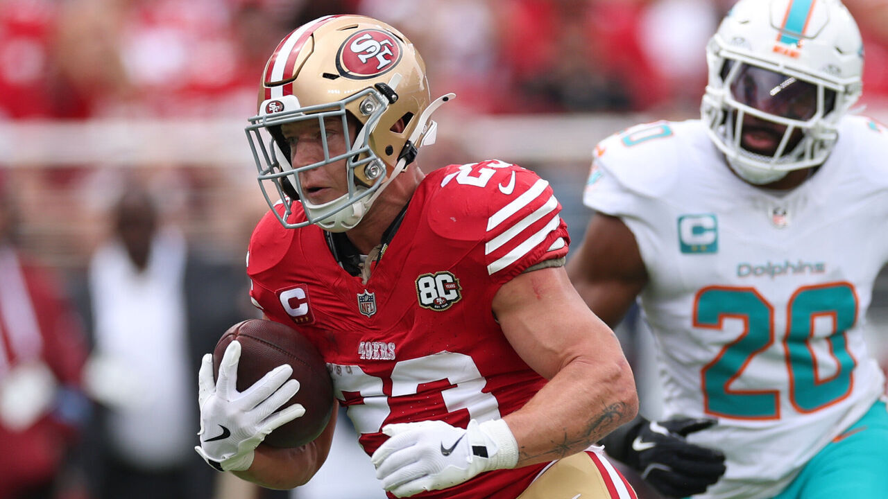 SANTA CLARA, CALIFORNIA - SEPTEMBER 20: Christian McCaffrey #23 of the San Francisco 49ers runs against Jordyn Brooks #20 of the Miami Dolphins in the first quarter of a game at Levi's Stadium on September 20, 2026 in Santa Clara, California.