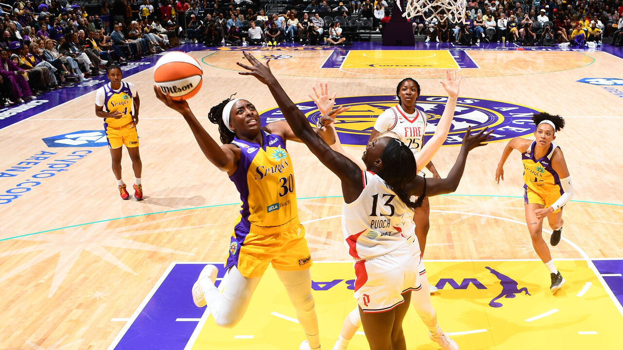 LOS ANGELES, CA - SEPTEMBER 20: Nneka Ogwumike #30 of the Los Angeles Sparks drives to the basket during the game against the Portland Fire on September 20, 2026 at Crypto.com Arena in Los Angeles, California. NOTE TO USER: User expressly acknowledges and agrees that, by downloading and/or using this Photograph, user is consenting to the terms and conditions of the Getty Images License Agreement. Mandatory Copyright Notice: Copyright 2026 NBAE