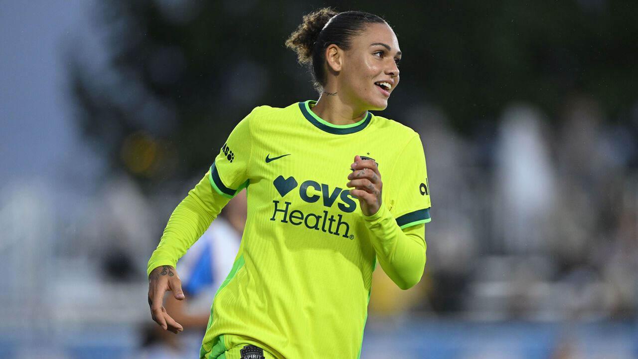 EVANSTON, ILLINOIS - SEPTEMBER 20: Trinity Rodman #2 of Washington Spirit reacts during the NWSL match between Chicago Stars FC and Washington Spirit at Martin Stadium on September 20, 2026 in Evanston, Illinois.