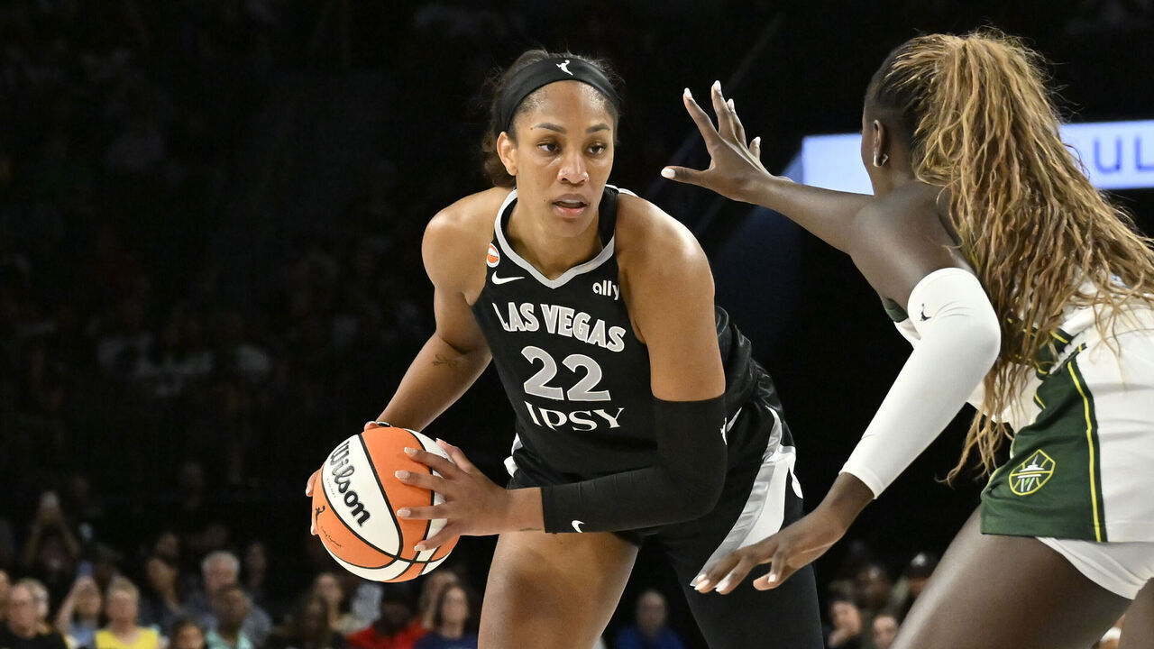 LAS VEGAS, NV - SEPTEMBER 20: A'ja Wilson #22 of the Las Vegas Aces handles the ball during the game against the Seattle Storm on September 20, 2026 at Michelob ULTRA Arena in Las Vegas, Nevada. Mandatory Copyright Notice: Copyright 2026 NBAE