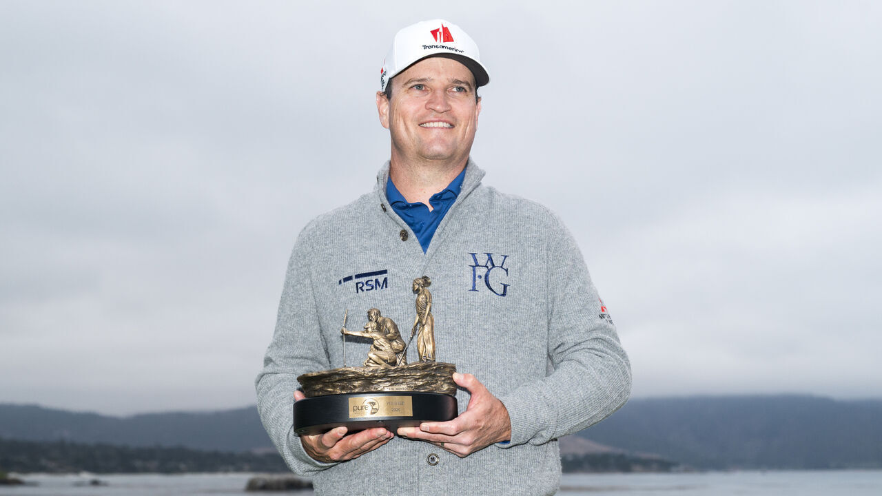 PEBBLE BEACH, CALIFORNIA - SEPTEMBER 20: Zach Johnson of the United States holds a trophy after winning the PURE Insurance Championship at Pebble Beach Golf Links on September 20, 2026 in Pebble Beach, California.