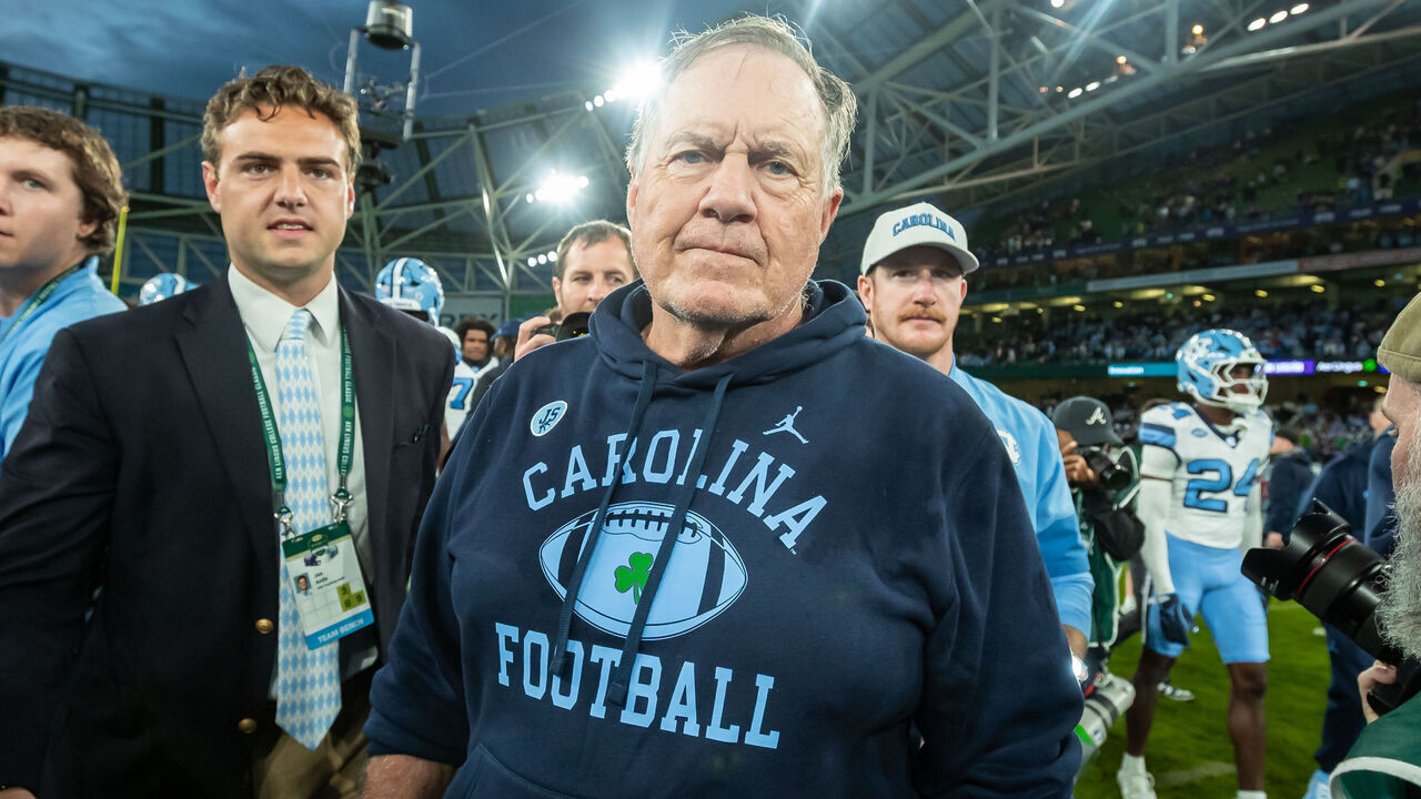 Dublin, Ireland - August 29: Head Coach Bill Belichick of North Carolina Tar Heels looks on during the 2026 Aer Lingus College Football Classic match between TCU and North Carolina at Aviva Stadium on August 29, 2026 in Dublin, Ireland.