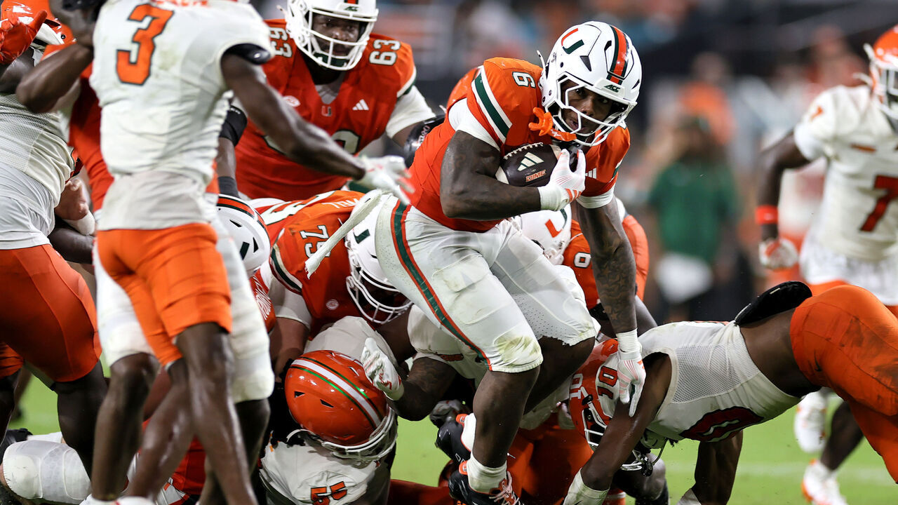 MIAMI GARDENS, FLORIDA - SEPTEMBER 10: CharMar Marty Brown #6 of Miami Hurricanes rushes the ball during the game against Florida A&M at Hard Rock Stadium on September 10, 2026 in Miami Gardens, Florida.