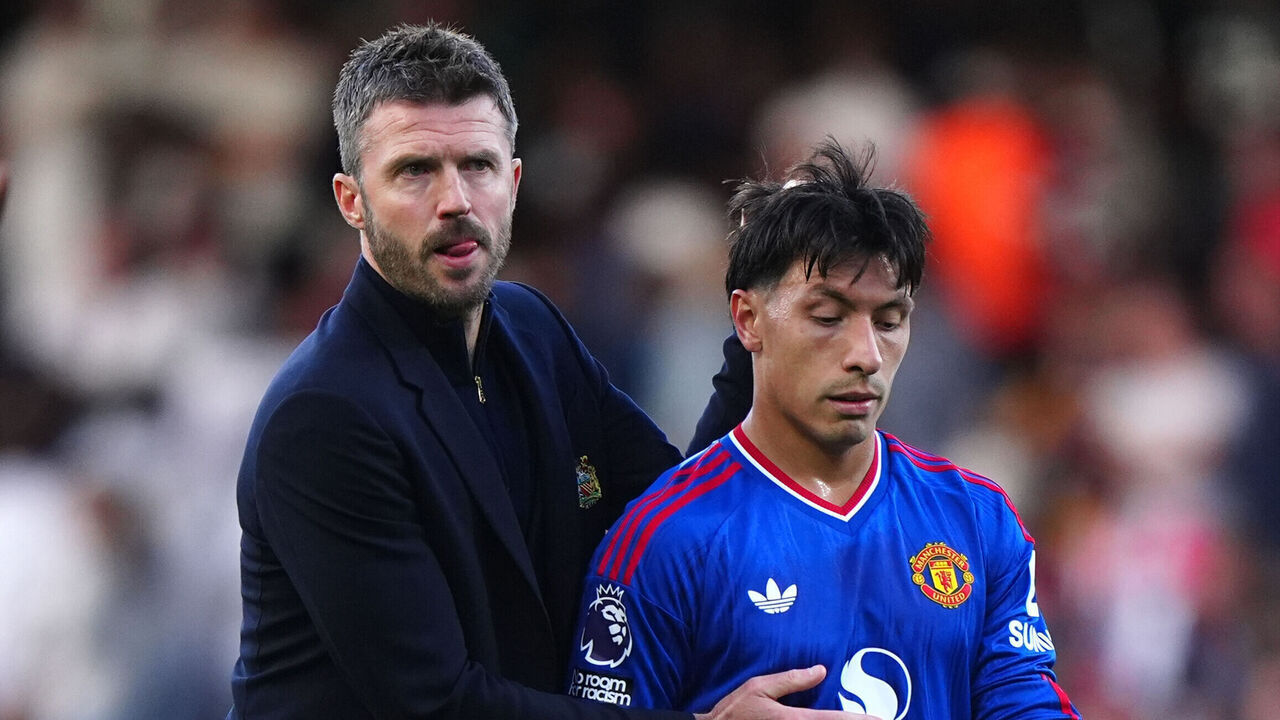 Manchester United manager Michael Carrick with Lisandro Martinez following the Premier League match at Craven Cottage, London. Picture date: Sunday September 20, 2026.