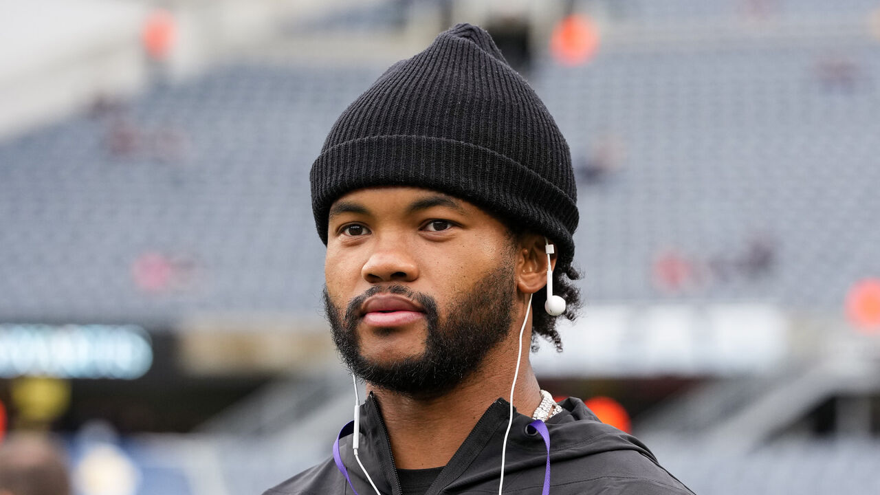 CHICAGO, ILLINOIS - SEPTEMBER 20: Kyler Murray #1 of the Minnesota Vikings walks the field prior to the game against the Chicago Bears at Soldier Field on September 20, 2026 in Chicago, Illinois.
