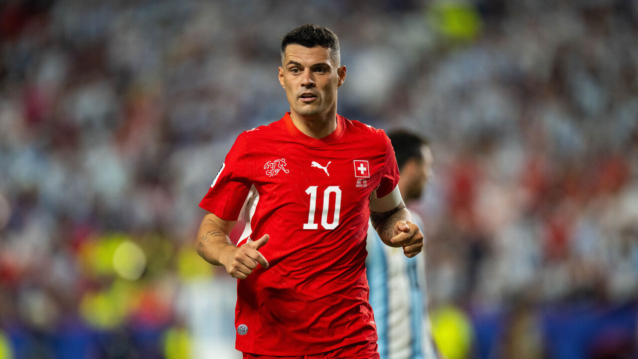 KANSAS CITY, MISSOURI - JULY 11: Granit Xhaka of Switzerland during the FIFA World Cup 2026 Quarter Final match between Argentina and Switzerland at Kansas City Stadium on July 11, 2026 in Kansas City, United States.