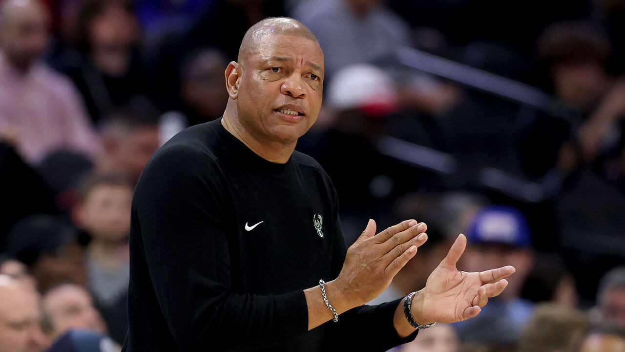 PHILADELPHIA, PENNSYLVANIA - APRIL 12: Milwaukee Bucks head coach Doc Rivers reacts during the first half against the Philadelphia 76ers at Xfinity Mobile Arena on April 12, 2026 in Philadelphia, Pennsylvania.