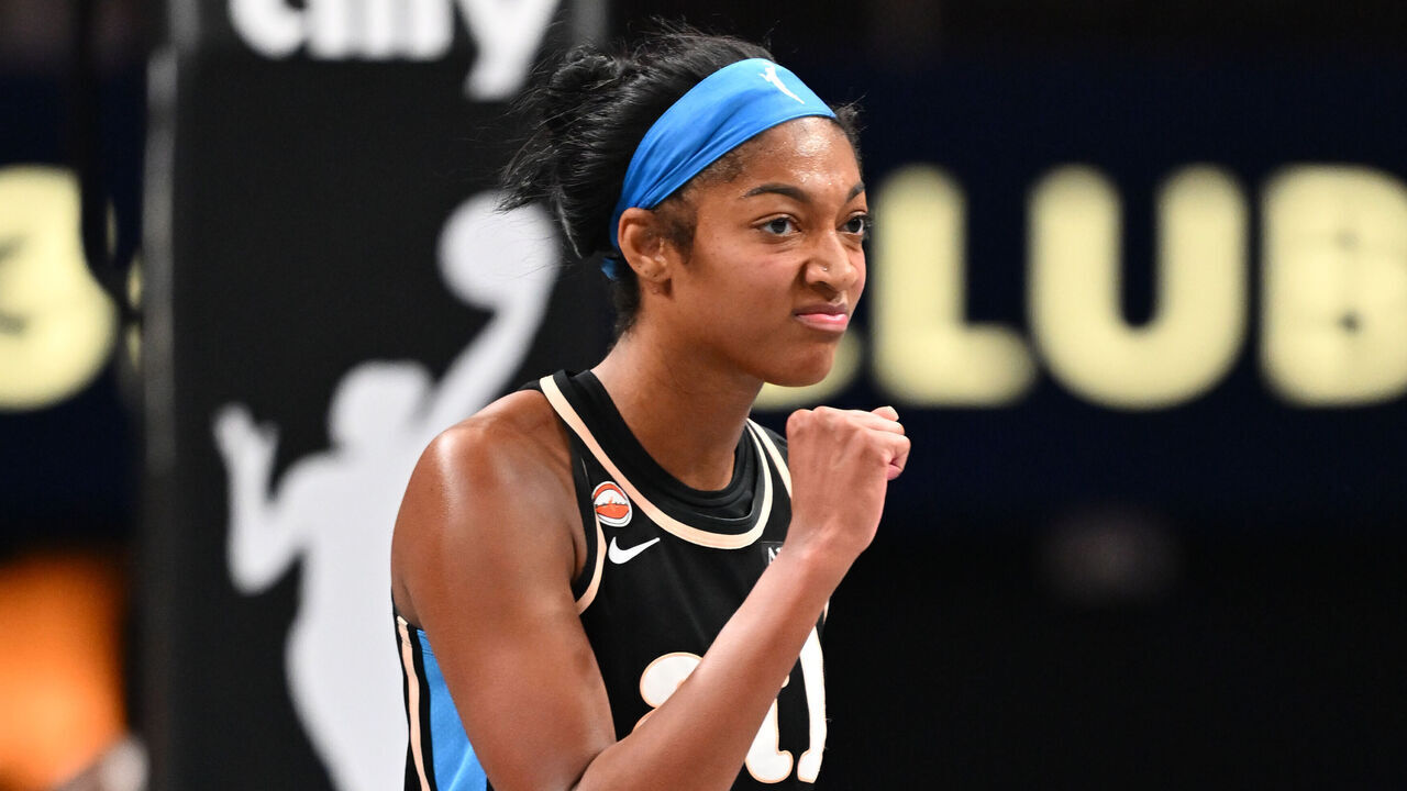 ATLANTA, GA - SEPTEMBER 19: Angel Reese #5 of the Atlanta Dream celebrates during the game against the Chicago Sky on September 19, 2026 at State Farm Arena in Atlanta, Georgia. Mandatory Copyright Notice: Copyright 2026 NBAE