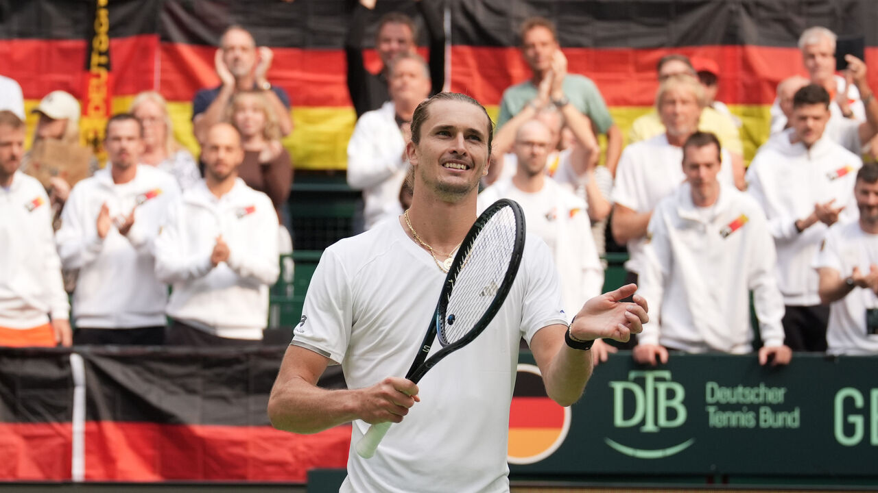 HALLE, GERMANY - SEPTEMBER 20: Alexander Zverev of Germany celebrates after winning his game against Dino Prizmic of Croatia during the 2026 Davis Cup Qualifier second round match between Germany and Croatia at Heristo Arena on September 20, 2026 in Halle, Germany.