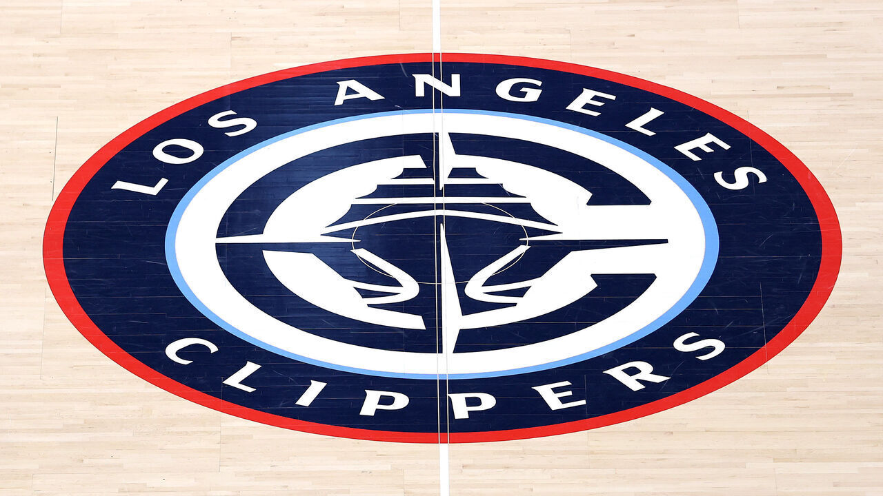 INGLEWOOD, CALIFORNIA - MARCH 23: A detailed view of the Los Angeles Clippers logo at center court before the game against the Oklahoma City Thunder at Intuit Dome on March 23, 2025 in Inglewood, California.