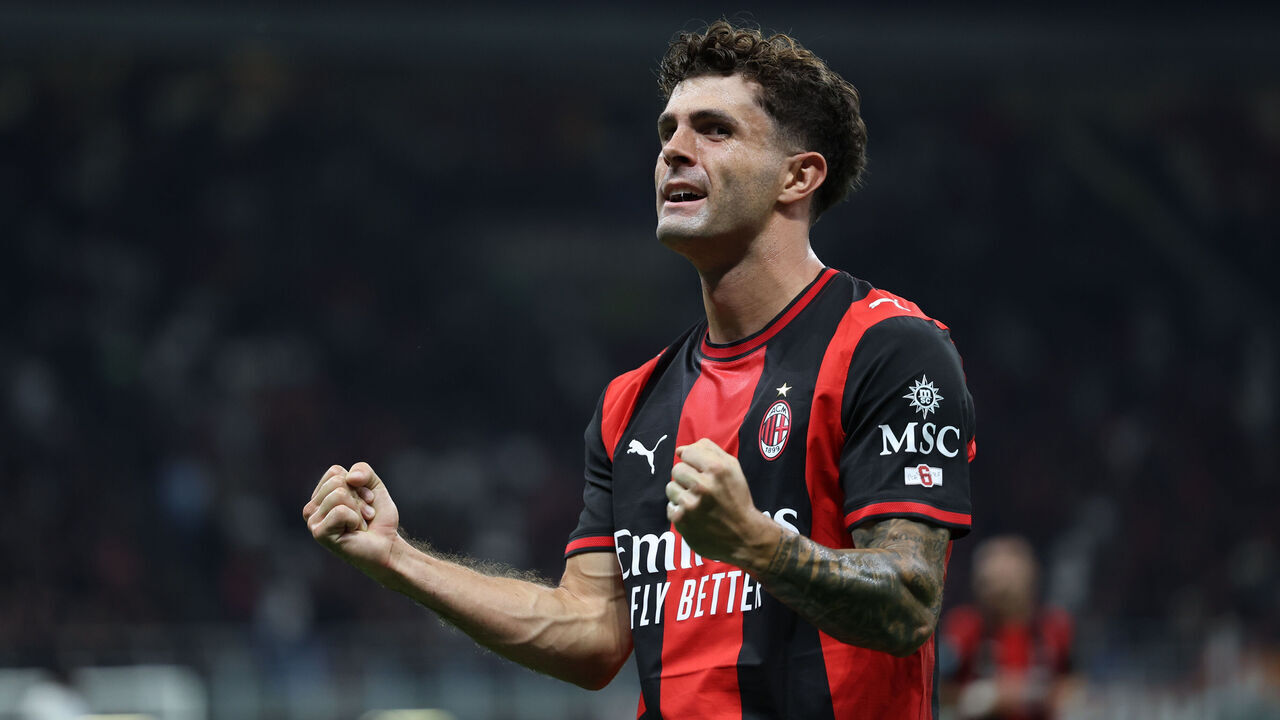 Christian Pulisic of AC Milan celebrates after scoring a goal during the Serie A match between AC Milan and US Lecce at Giuseppe Meazza - San Siro Stadium in Milan, Italy, on September 20, 2026.
