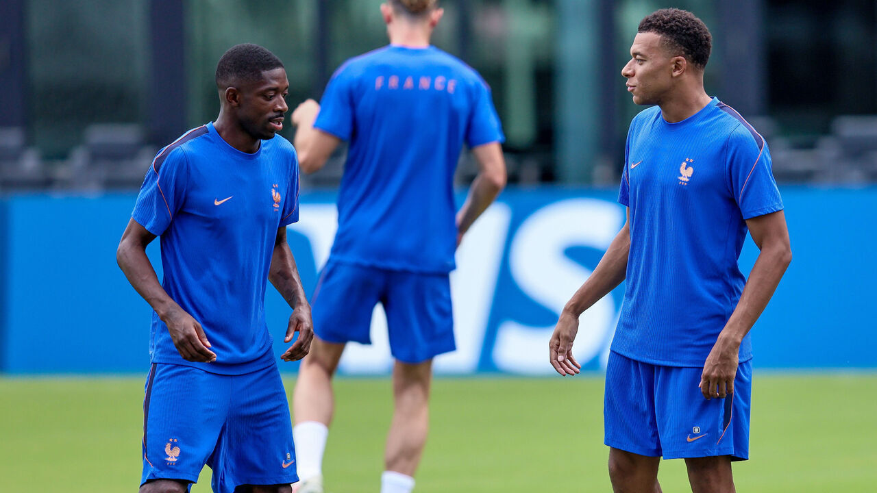 FT LAUDERDALE, FL - JULY 17: Ousmane Dembele #7 of France and Kylian Mbappe #10 of France are seen during a France team training session in preparation for a FIFA World Cup 26 Bronze Final match between France and England at the Inter Miami CF Stadium, Fort Lauderdale, Florida.