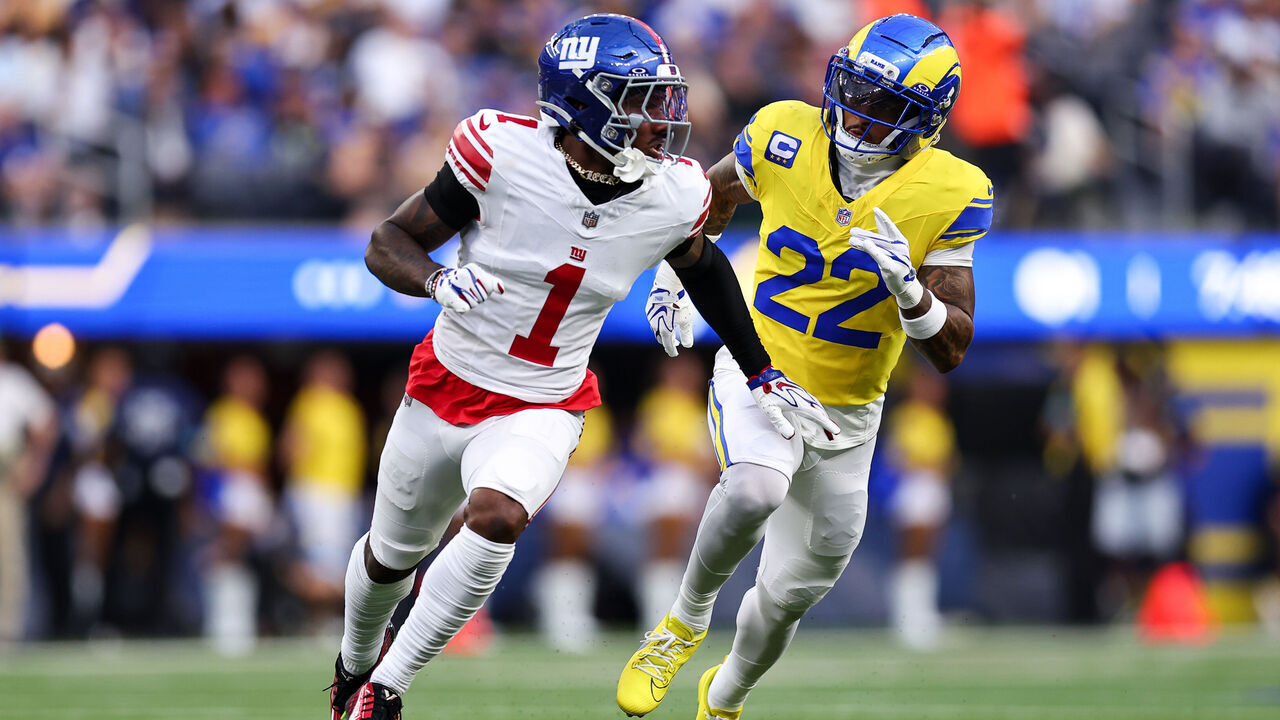 INGLEWOOD, CALIFORNIA - SEPTEMBER 21: Malik Nabers #1 of the New York Giants runs down the field against Trent McDuffie #22 of the Los Angeles Rams during the first quarter of the game at SoFi Stadium on September 21, 2026 in Inglewood, California.