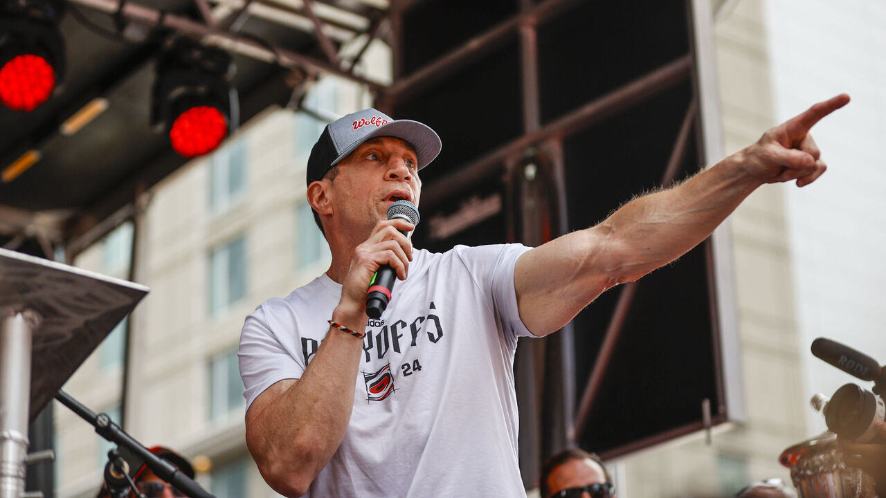 RALEIGH, NORTH CAROLINA - JUNE 20: Rod Brind'Amour addresses the crowd during the Carolina Hurricanes Stanley Cup Final Victory Parade on June 20, 2026 in Raleigh, North Carolina.