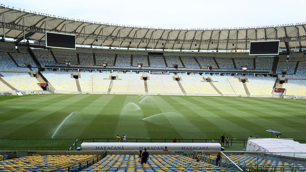 Rio de Janeiro, Brazil, Soccer field or pitch. Water sprays are working in the grass. Point of view from the stands. (Photo by: Roberto Machado Noa/UCG/Universal Images Group via Getty Images)