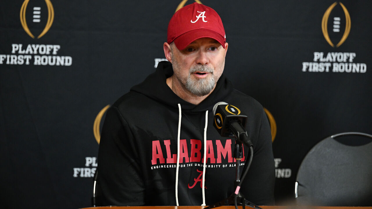NORMAN, OKLAHOMA - DECEMBER 19: Offensive Coordinator Ryan Grubb of the Alabama Crimson Tide at the post-game press conference following the 2025 College Football Playoff First Round Game against the Oklahoma Sooners at Gaylord Family Oklahoma Memorial Stadium on December 19, 2025 in Norman, Oklahoma. The Alabama Crimson Tide defeated the Oklahoma Sooners 34-24.