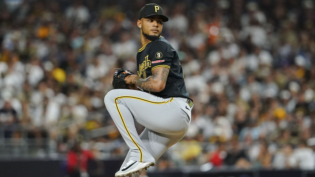 SAN DIEGO, CA - AUGUST 25: Camilo Doval #75 of the Pittsburgh Pirates pitches during the game between the Pittsburgh Pirates and the San Diego Padres at Petco Park on Tuesday, August 25, 2026 in San Diego, California.