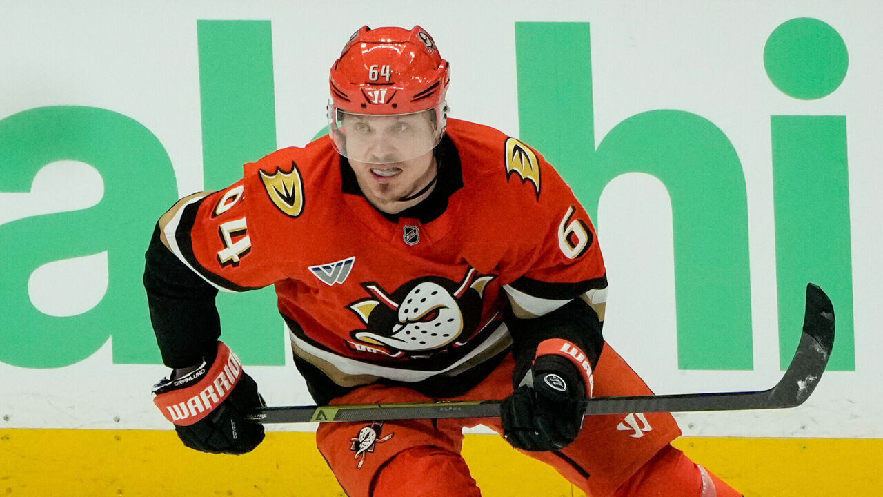 ANAHEIM, CA - MAY 14: Mikael Granlund #64 of the Anaheim Ducks skates on the ice during the second period against the Vegas Golden Knights in Game Six of the Second Round of the 2026 Stanley Cup Playoffs at Honda Center on May 14, 2026 in Anaheim, California.