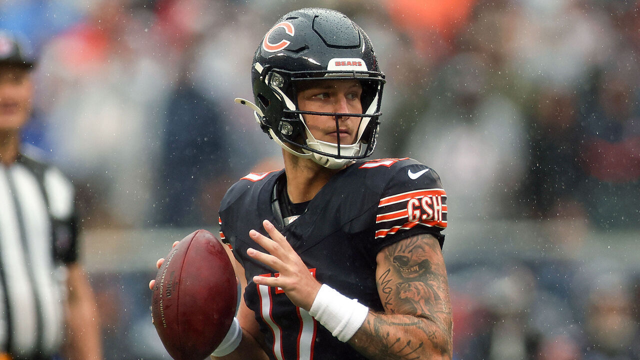 CHICAGO, ILLINOIS - SEPTEMBER 20: Tyson Bagent #17 of the Chicago Bears passes the ball against the Minnesota Vikings during the third quarter of the game at Soldier Field on September 20, 2026 in Chicago, Illinois.