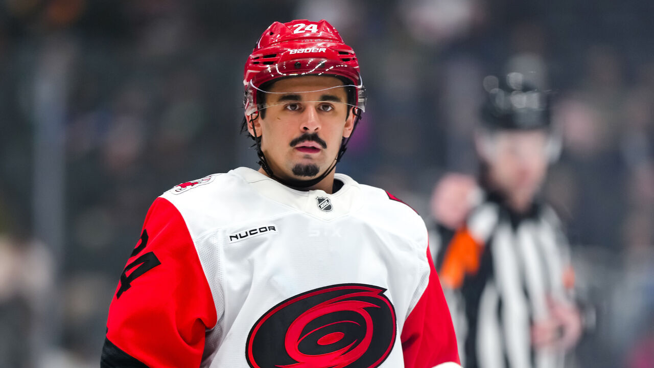 VANCOUVER, CANADA - MARCH 4: Seth Jarvis #24 of the Carolina Hurricanes looks on during the second period of their NHL game against the Vancouver Canucks at Rogers Arena on March 4, 2026 in Vancouver, British Columbia, Canada.