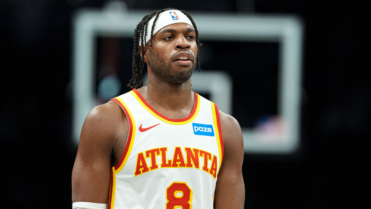 NEW YORK, NEW YORK - APRIL 03: Buddy Hield #8 of the Atlanta Hawks looks on during the game against the Brooklyn Nets at Barclays Center on April 03, 2026 in New York City.