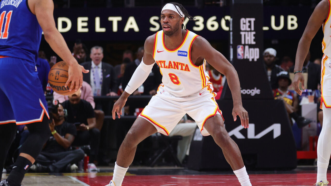 ATLANTA, GA - APRIL 30: Buddy Hield #8 of the Atlanta Hawks plays defense during the game against the New York Knicks during Round One Game Six of the 2026 NBA Playoffs on April 30, 2026 at State Farm Arena in Atlanta, Georgia. NOTE TO USER: User expressly acknowledges and agrees that, by downloading and/or using this Photograph, user is consenting to the terms and conditions of the Getty Images License Agreement. Mandatory Copyright Notice: Copyright 2026 NBAE