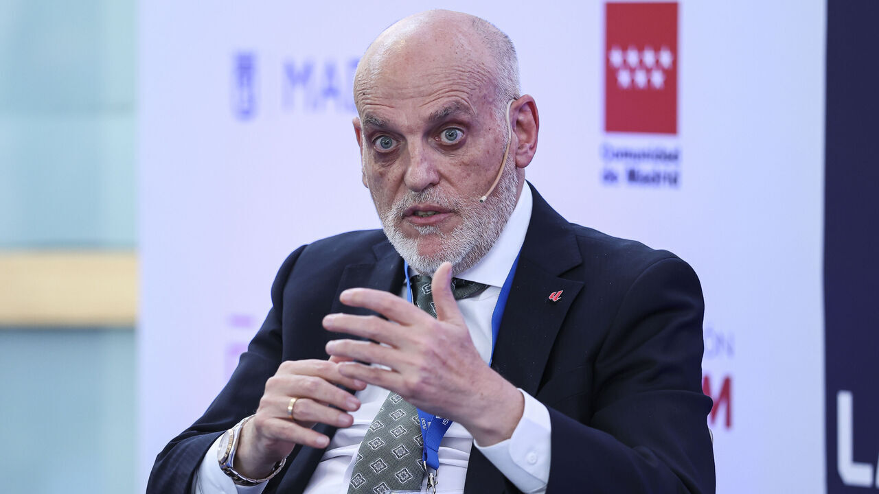 MADRID, SPAIN - MAY 21: Javier Tebas, president of LaLiga, participates in a discussion on “Technology, Piracy, and Artificial Intelligence in Sports” during the ISDE Sports Convention at the Official College of Architects of Madrid on May 21, 2026, in Madrid, Spain.