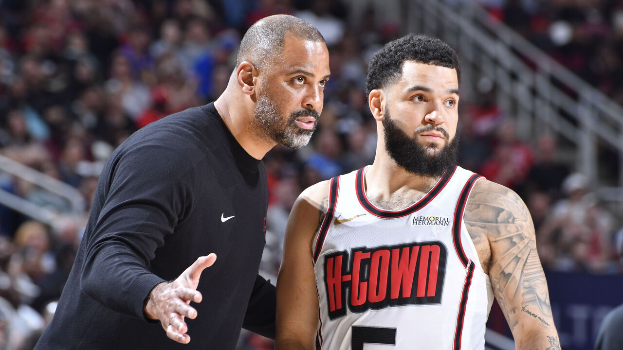 HOUSTON, TX - MARCH 23: Head Coach Ime Udoka and Fred VanVleet #5 of the Houston Rockets talk during the game against the Denver Nuggets on March 23, 2025 at the Toyota Center in Houston, Texas. Mandatory Copyright Notice: Copyright 2025 NBAE