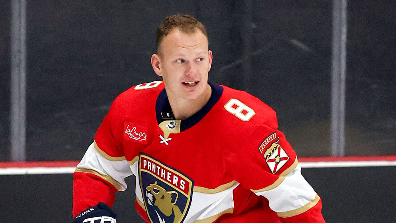 LAS VEGAS, NEVADA - SEPTEMBER 08: Brady Tkachuk #8 of the Florida Panthers is recorded by TNT during the NHL/NHLPA North American Player Media Tour at City National Arena on September 08, 2026 in Las Vegas, Nevada.