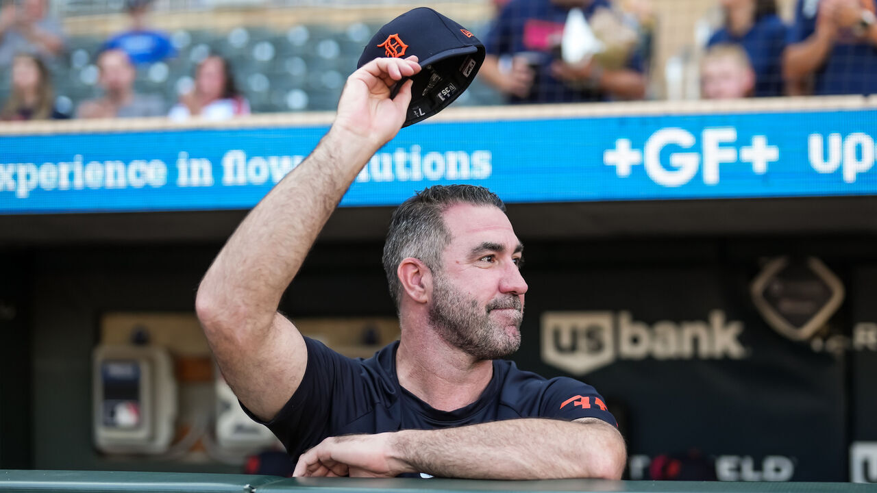 MINNEAPOLIS, MN - SEPTEMBER 02: Justin Verlander #35 of the Detroit Tigers looks on prior to a game between the Minnesota Twins and the Detroit Tigers on September 2, 2026 at Target Field in Minneapolis, Minnesota.