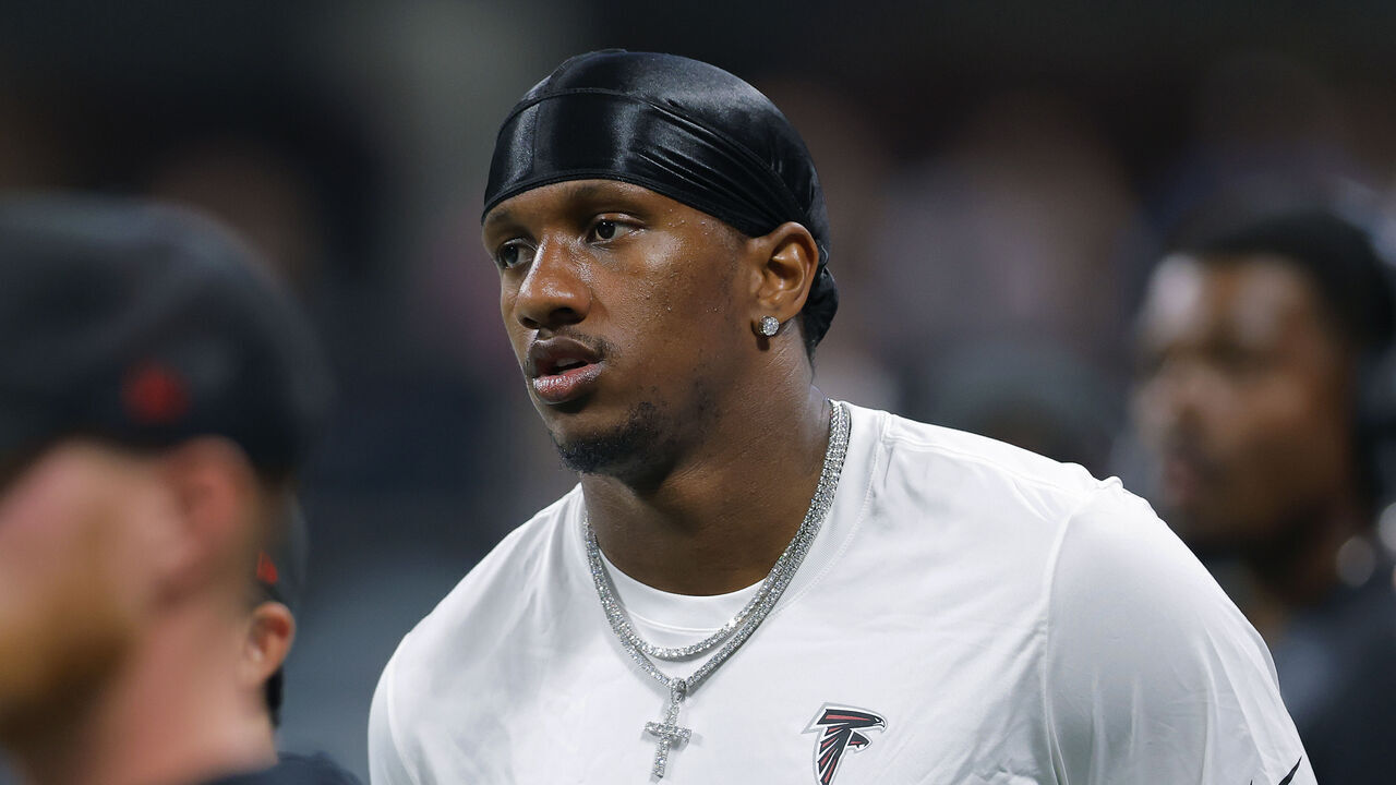 ATLANTA, GEORGIA - SEPTEMBER 20: Michael Penix Jr. #9 of the Atlanta Falcons reacts against the Carolina Panthers during the fourth quarter of the game at Mercedes-Benz Stadium on September 20, 2026 in Atlanta, Georgia.
