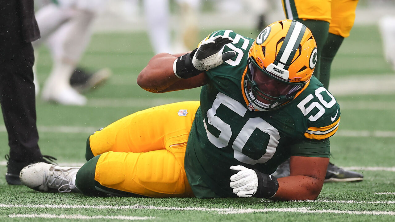 EAST RUTHERFORD, NJ - SEPTEMBER 20: Zach Bako-Bewele #50 of the Green Bay Packers is injured during the first quarter of the game against the New York Jets on September 20, 2026 at MetLife Stadium in East Rutherford, New Jersey.