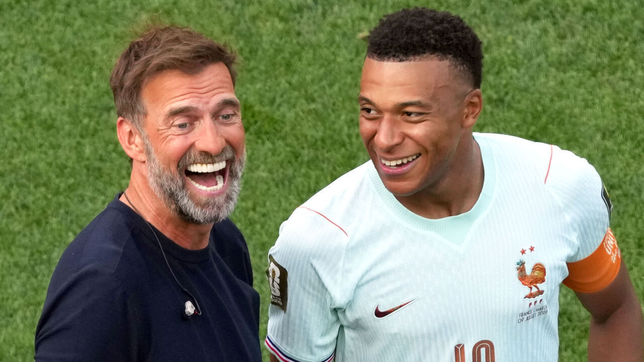 FOXBOROUGH, MASSACHUSETTS - JULY 09: Kylian Mbappe of France and Jurgen Klopp are seen after the FIFA World Cup 2026 Quarter Final match between France and Morocco at Boston Stadium on July 09, 2026 in Foxborough, Massachusetts.