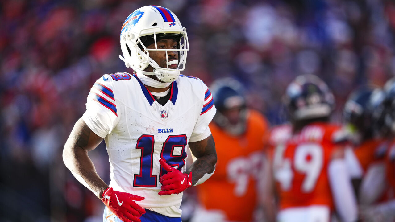 DENVER, CO - JANUARY 17: Brandin Cooks #18 of the Buffalo Bills runs across the field during an NFL divisional playoff football game against the Denver Broncos at Empower Field At Mile High on January 17, 2026 in Denver, Colorado.